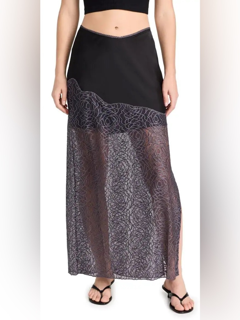 NWT Free People Gemini Half Moon Satin Lace Sheer Gray Black Skirt Size XS